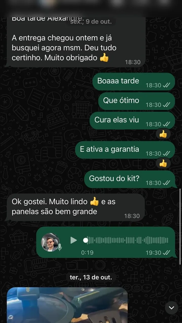 Depoimento real de cliente (print), com dados pessoais ocultados